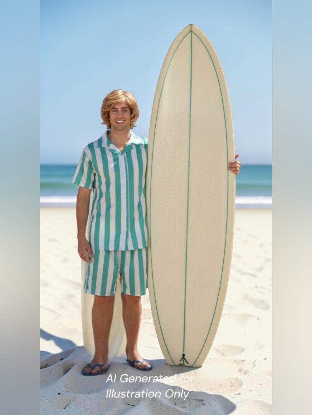 Cosplay Ken's Barbie Inspired Green & White Vertical Stripe Deluxe Swim Set, L